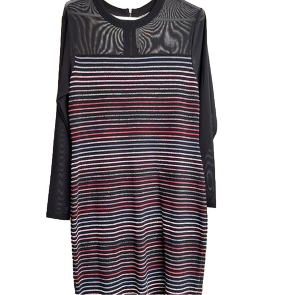 RACHEL Roy (XL) Striped Bodycon Midi Dress with Black Mesh Neckline & Arms - Picture 3 of 8